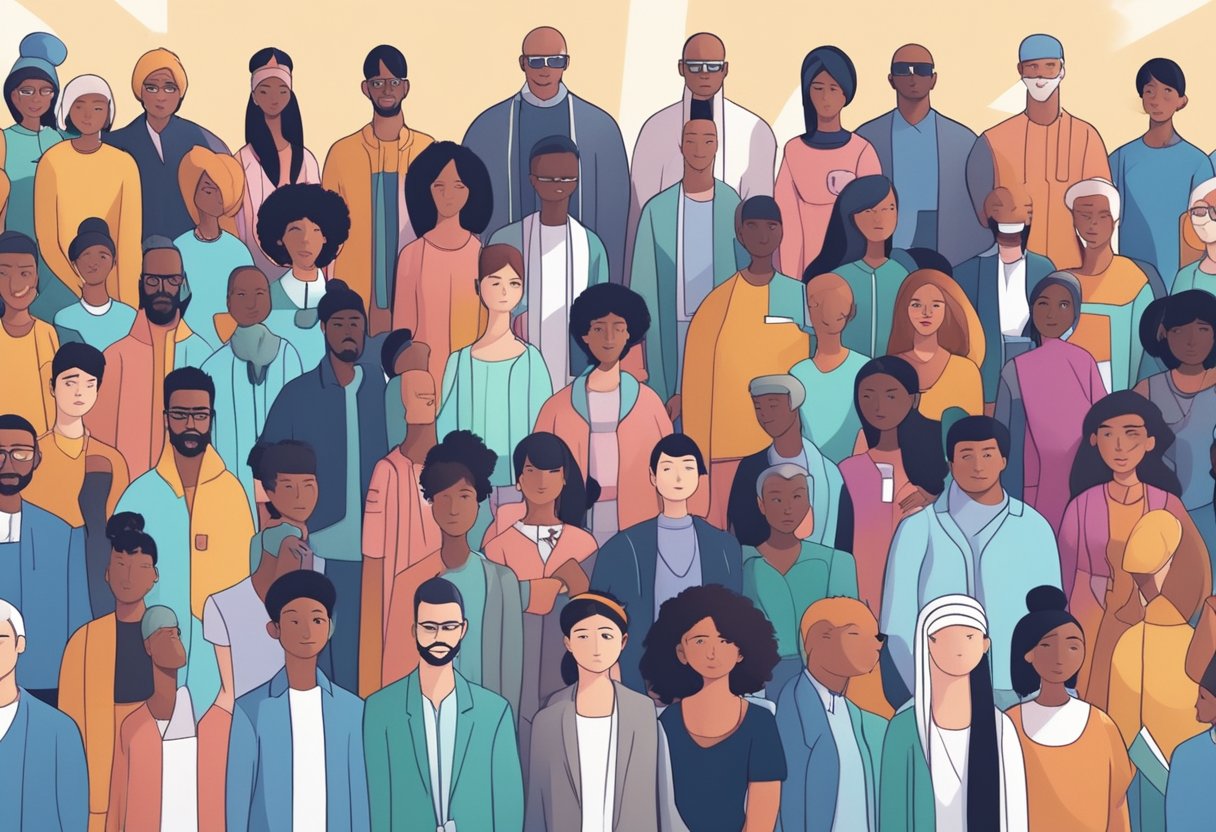 A diverse group of animated characters from different cultural backgrounds gather around a futuristic AI animation technology, symbolizing the potential impact on industry standardization