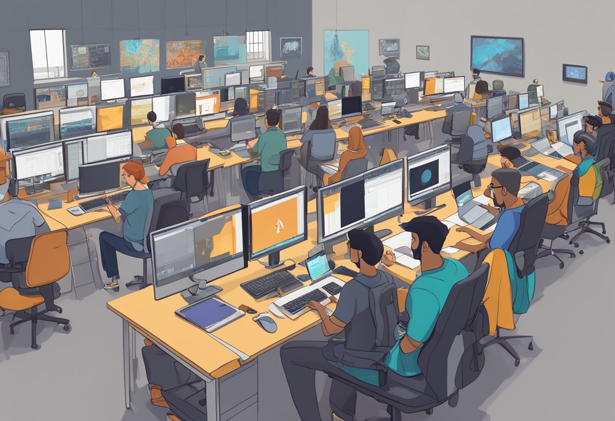 A bustling studio filled with AI-powered animation software and digital drawing tablets, with artists collaborating on creating industry-standard animated content for the UK's creative sector