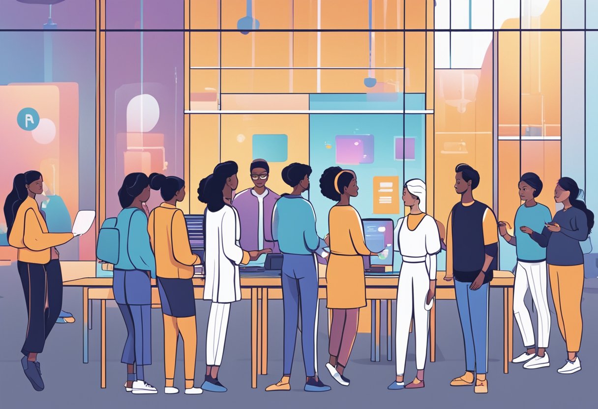 A group of diverse individuals interacting with AI-powered animations in various settings, showcasing the integration of AI animation into everyday consumer experiences
