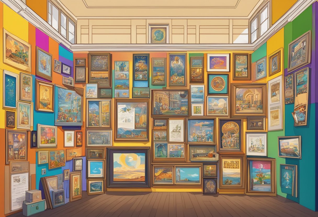 A colorful 2D animated film poster displayed in a crowded museum exhibition, surrounded by awards and accolades