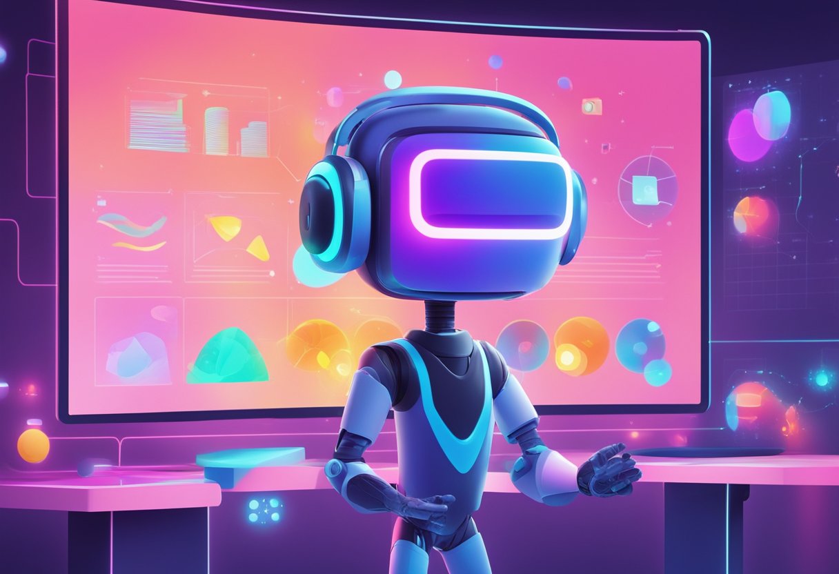 An animated AI character presenting educational content on a digital screen, with colorful graphics and engaging visuals
