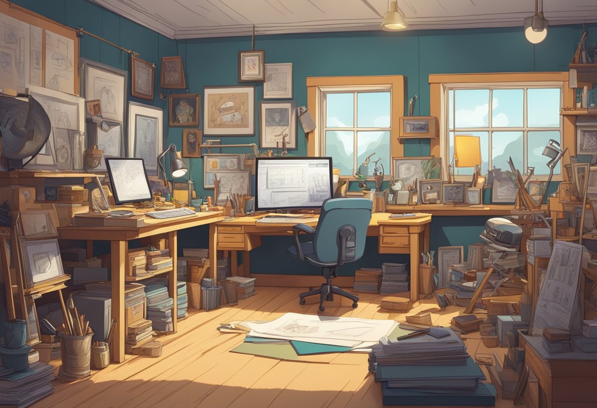 A cluttered animation studio with traditional tools and drawings, surrounded by award trophies and framed accolades
