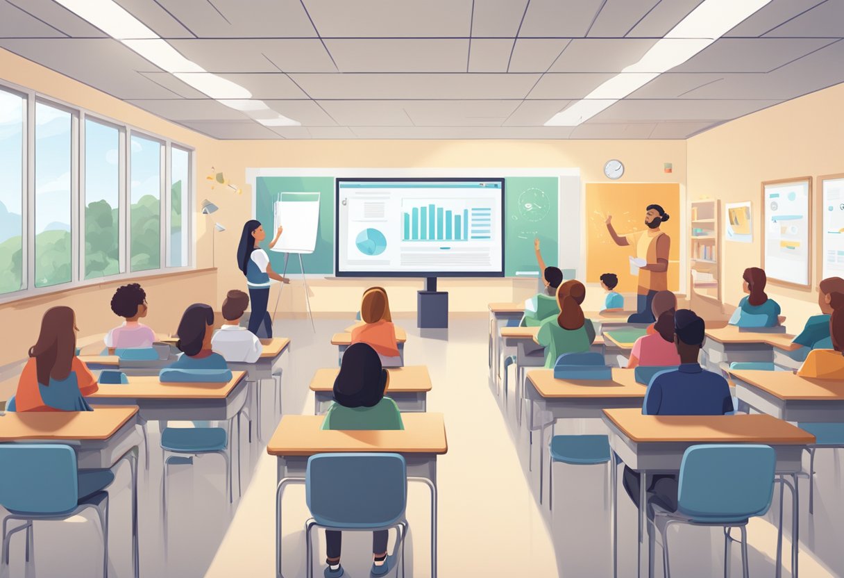 A classroom setting with AI technology interacting with students, presenting educational content through animated visuals