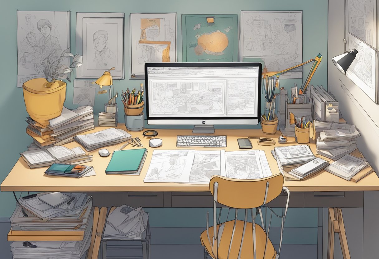 A cluttered artist's desk with pencils, paper, and a light table, surrounded by award-winning 2D animated characters pinned to the wall
