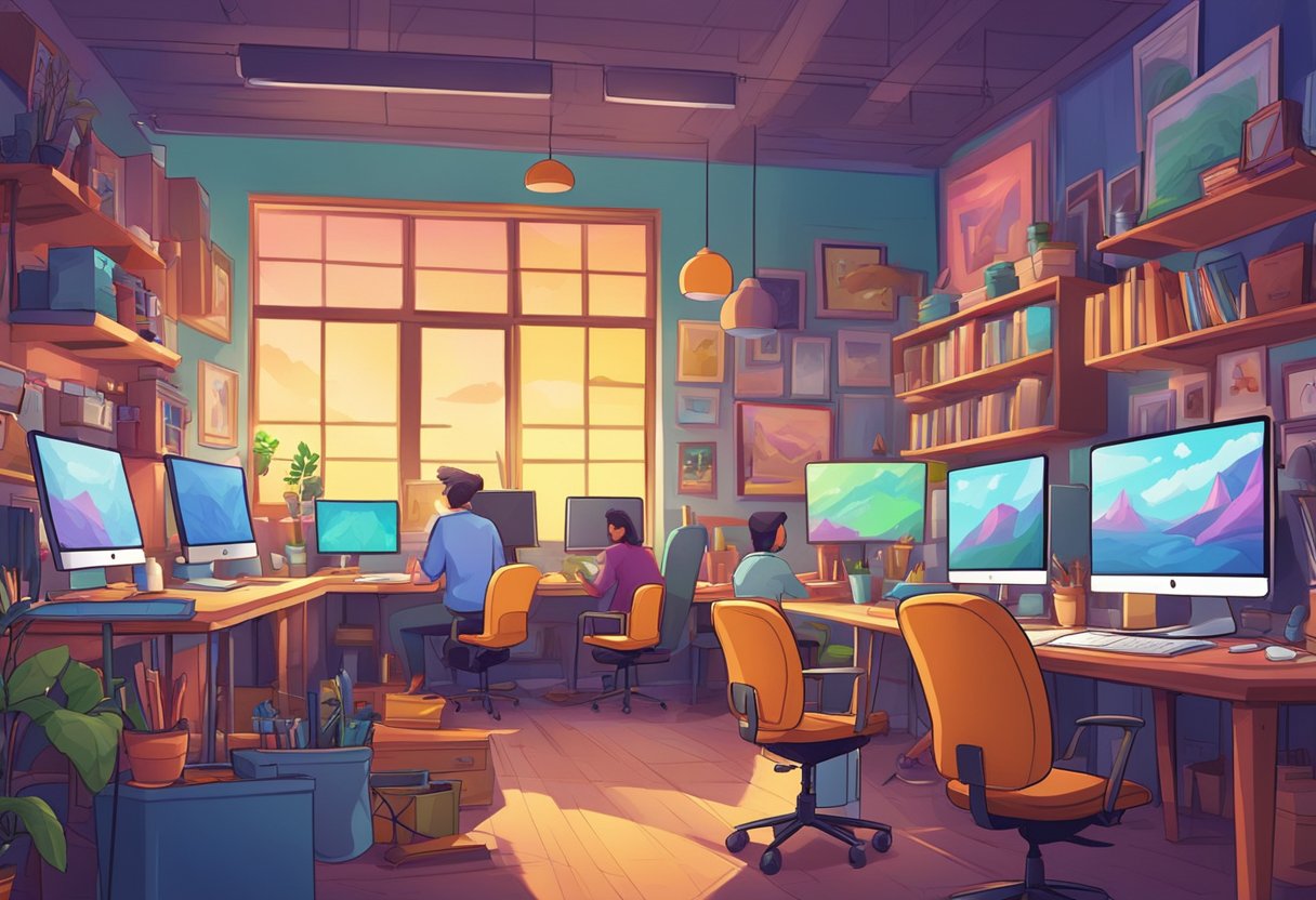 A colorful 2D animation studio filled with artists creating vibrant characters and scenes on digital tablets and computer screens