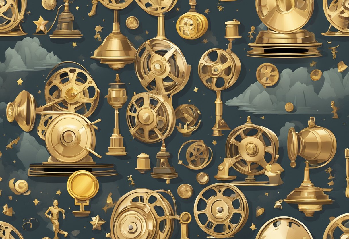 A classic film reel with a golden award surrounded by animated characters and scenes from award-winning 2D animations