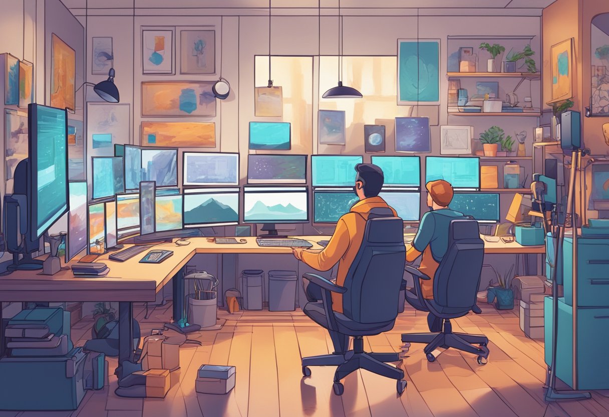 An animation studio with AI technology integrated into the creative process, with artists and programmers collaborating on digital designs