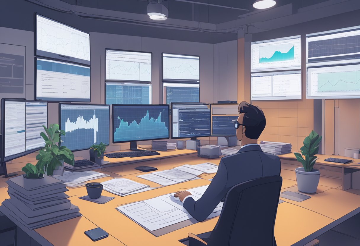 An animation studio with AI technology in use, surrounded by legal documents and computer screens displaying risk management data