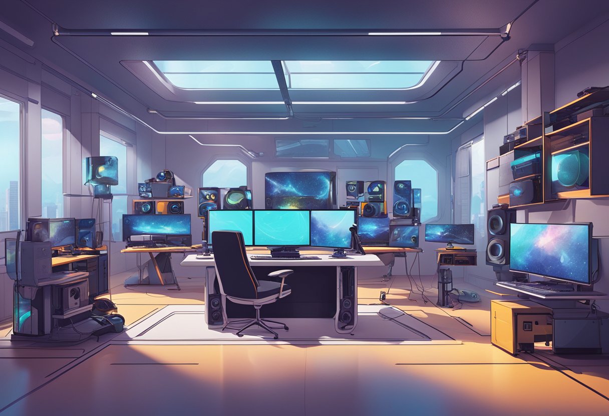 A futuristic animation studio with AI-powered design tools, surrounded by gaming consoles and virtual reality headsets