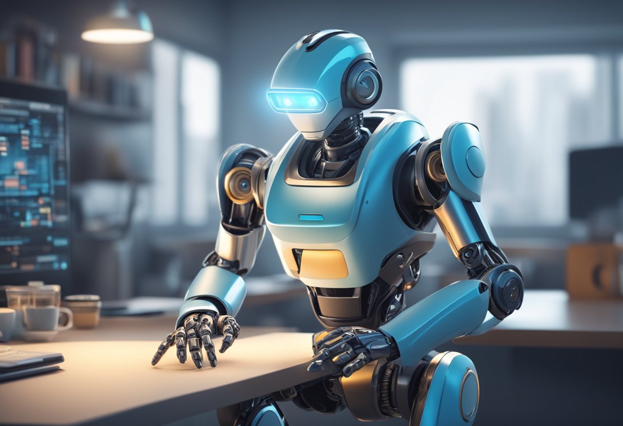 A futuristic robot using artificial intelligence to create animated characters and scenes, with a blend of creativity and machine learning technology