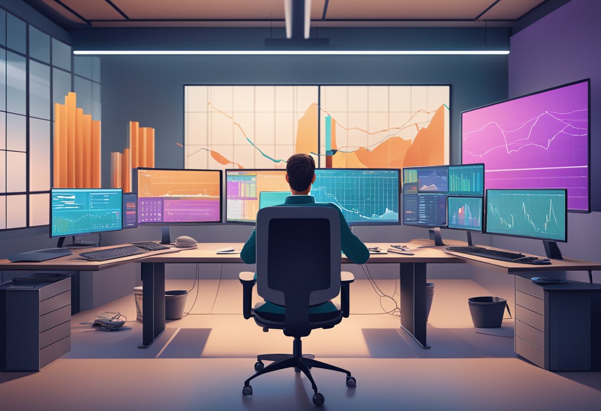 An animation studio with AI technology integrated, with financial charts and risk management tools displayed on computer screens