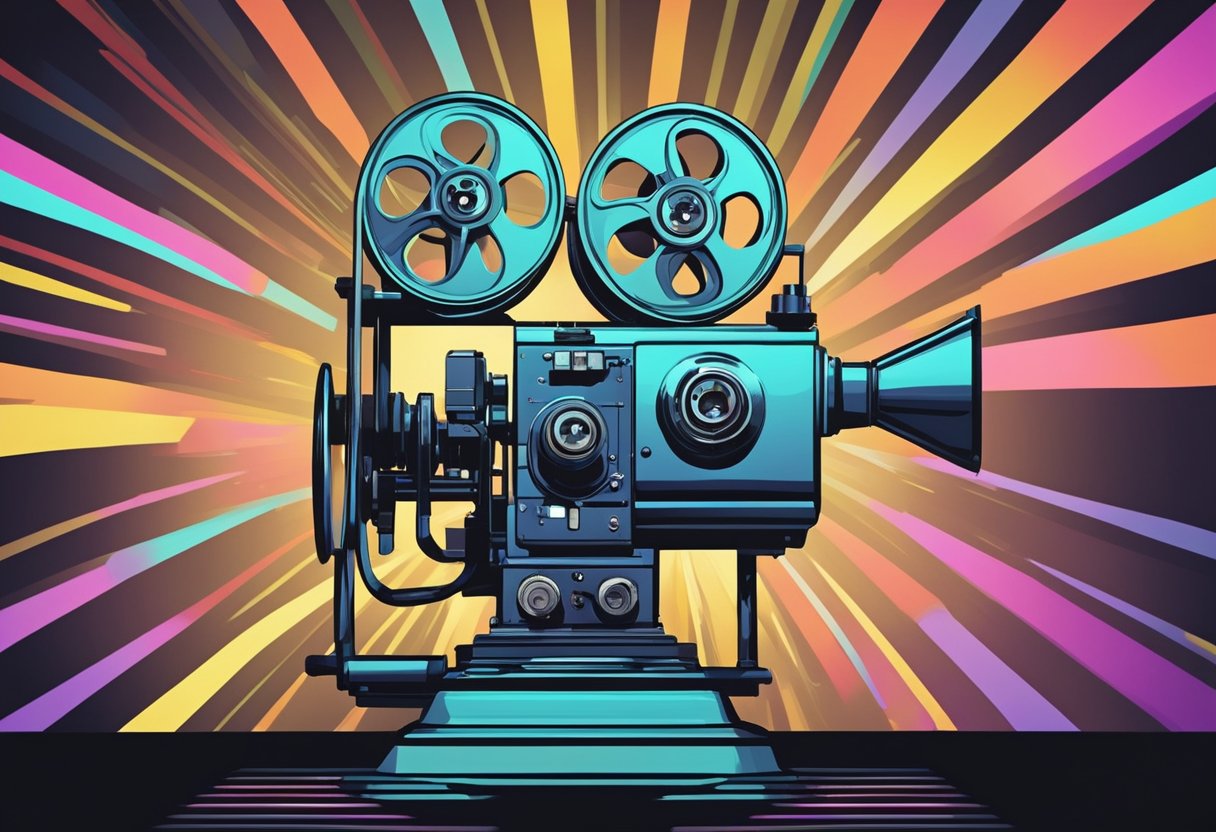 A colorful 2D animated film reel spins on a vintage projector, casting flickering images onto a blank screen in a darkened theater