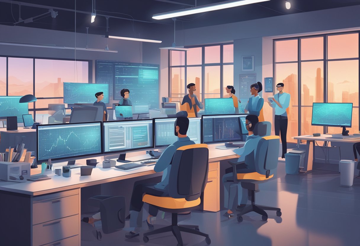 A group of AI tools being carefully monitored and managed by a team of professionals in an animation studio, with a focus on transparency and accountability