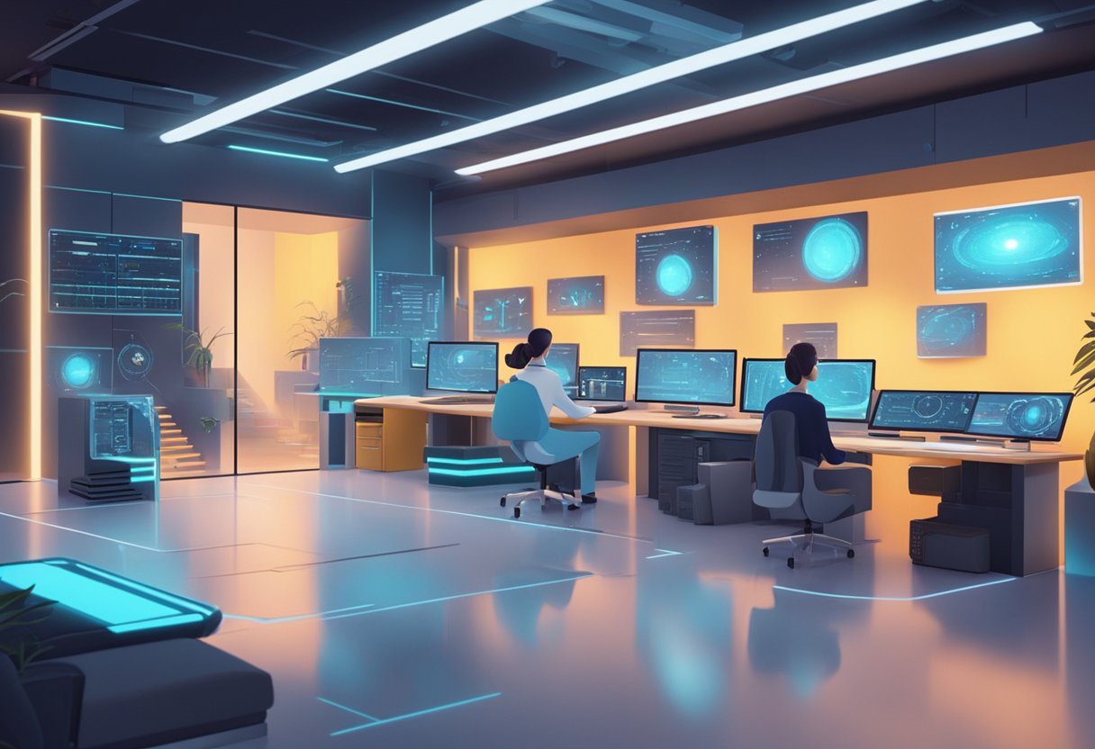 A futuristic animation studio with AI technology and research labs, blending creativity and technology