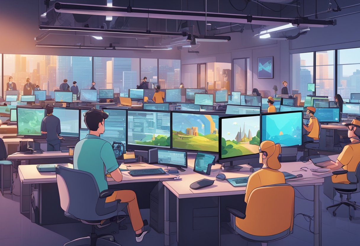 A bustling animation studio with AI-powered machines creating vibrant characters and scenes, while economists analyze the industry's growth and market trends