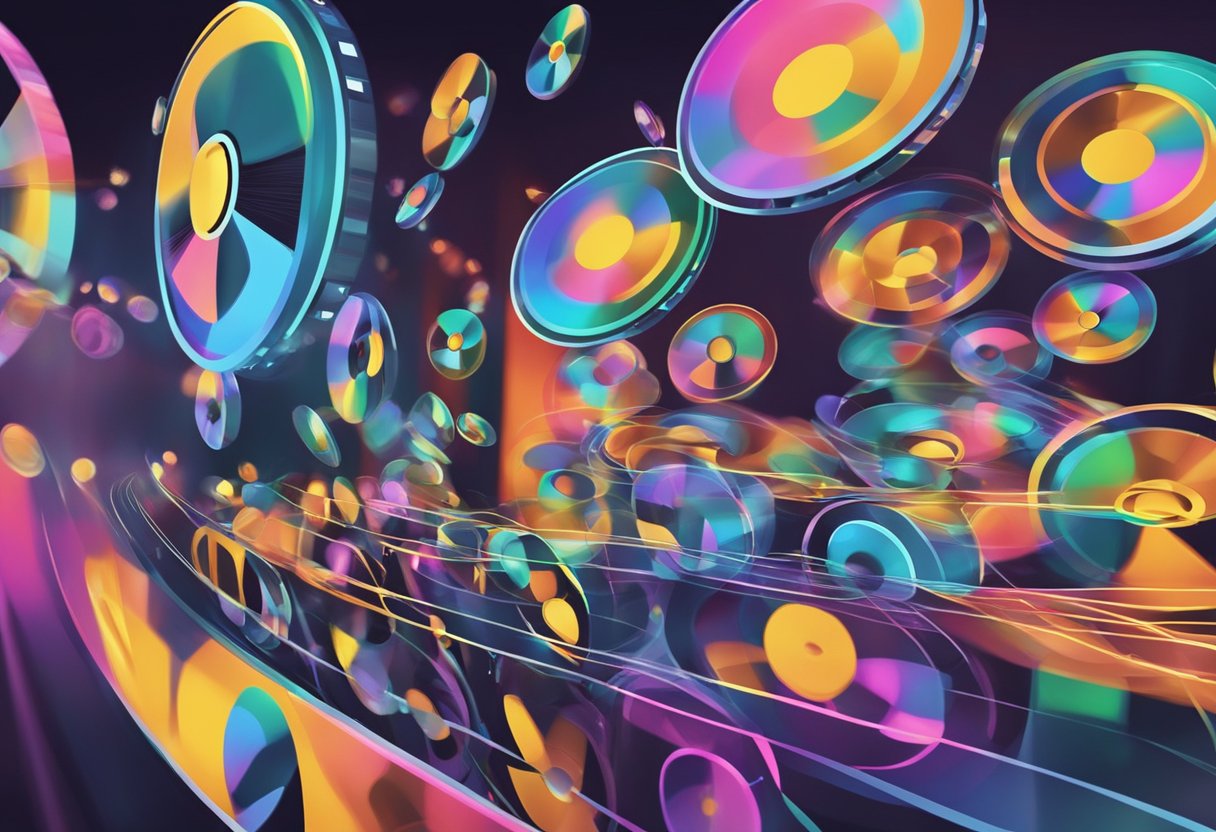 A 2D animated film reel displayed on a projector, with vibrant colors and fluid movements, capturing the attention of a diverse audience at a film festival