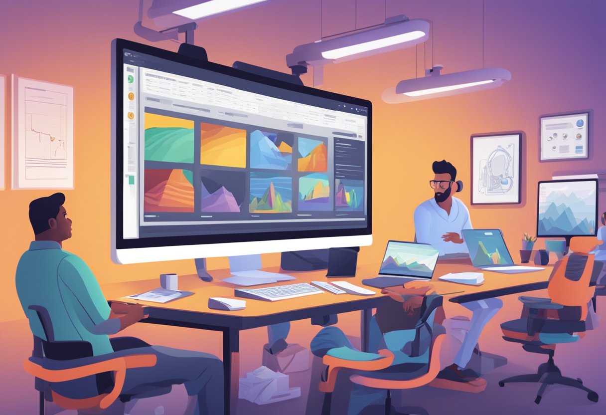 An animation studio with AI risk management FAQs displayed on a computer screen, surrounded by artists at work