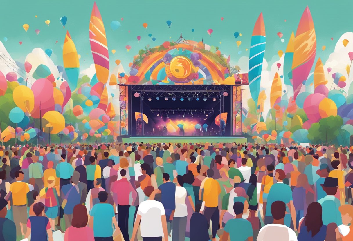 A bustling festival scene with colorful 2D animations displayed on large screens, attracting crowds and creating a vibrant atmosphere
