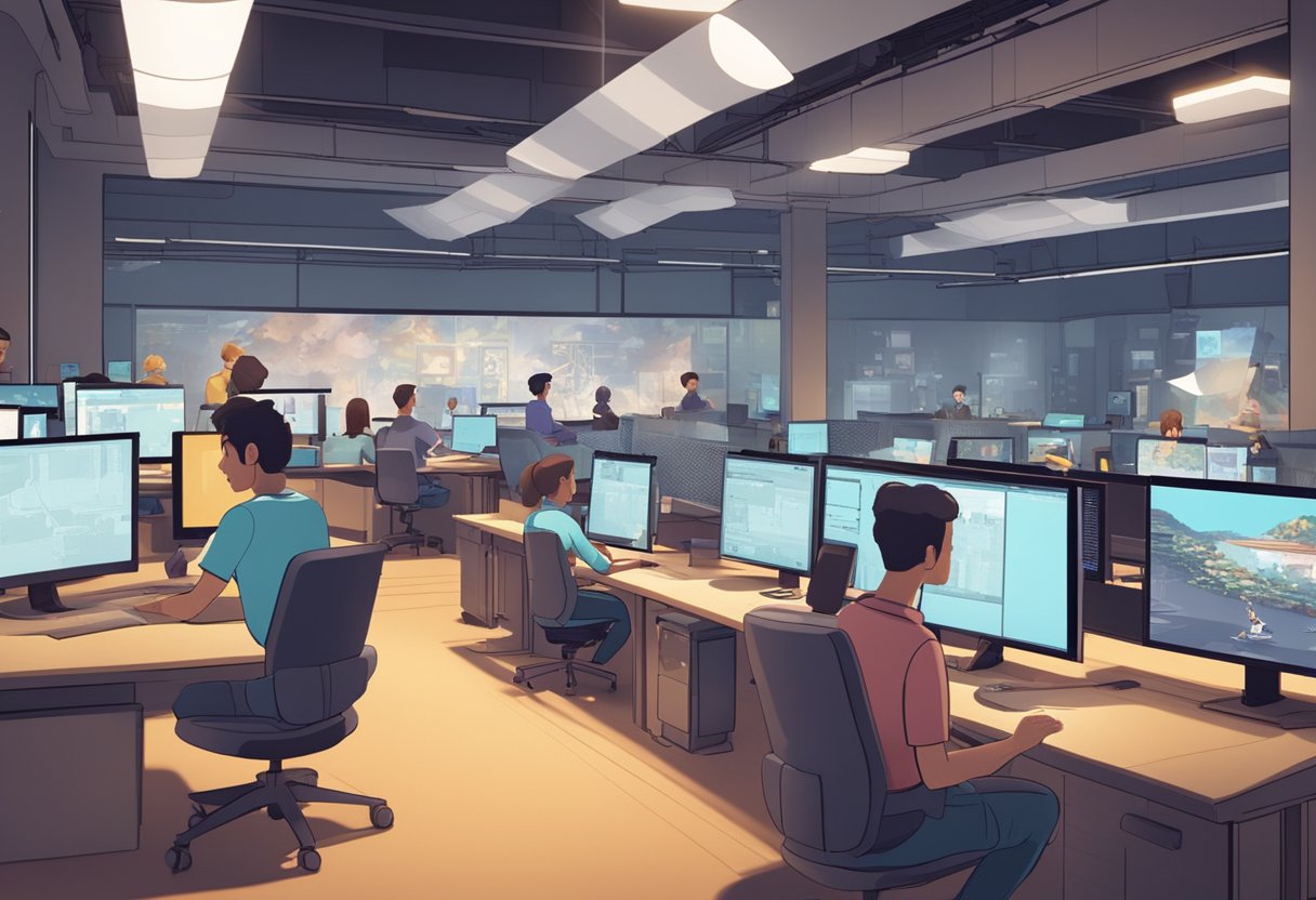 A bustling animation studio with AI-powered software creating dynamic and lifelike characters. Teams of animators collaborate with advanced technology to bring innovative and cost-effective productions to life