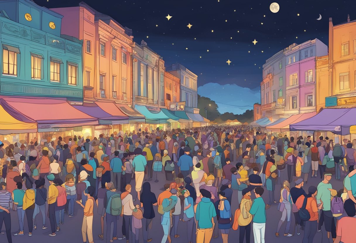 A bustling 2D animation festival with colorful booths, lively crowds, and screenings under a starry night sky