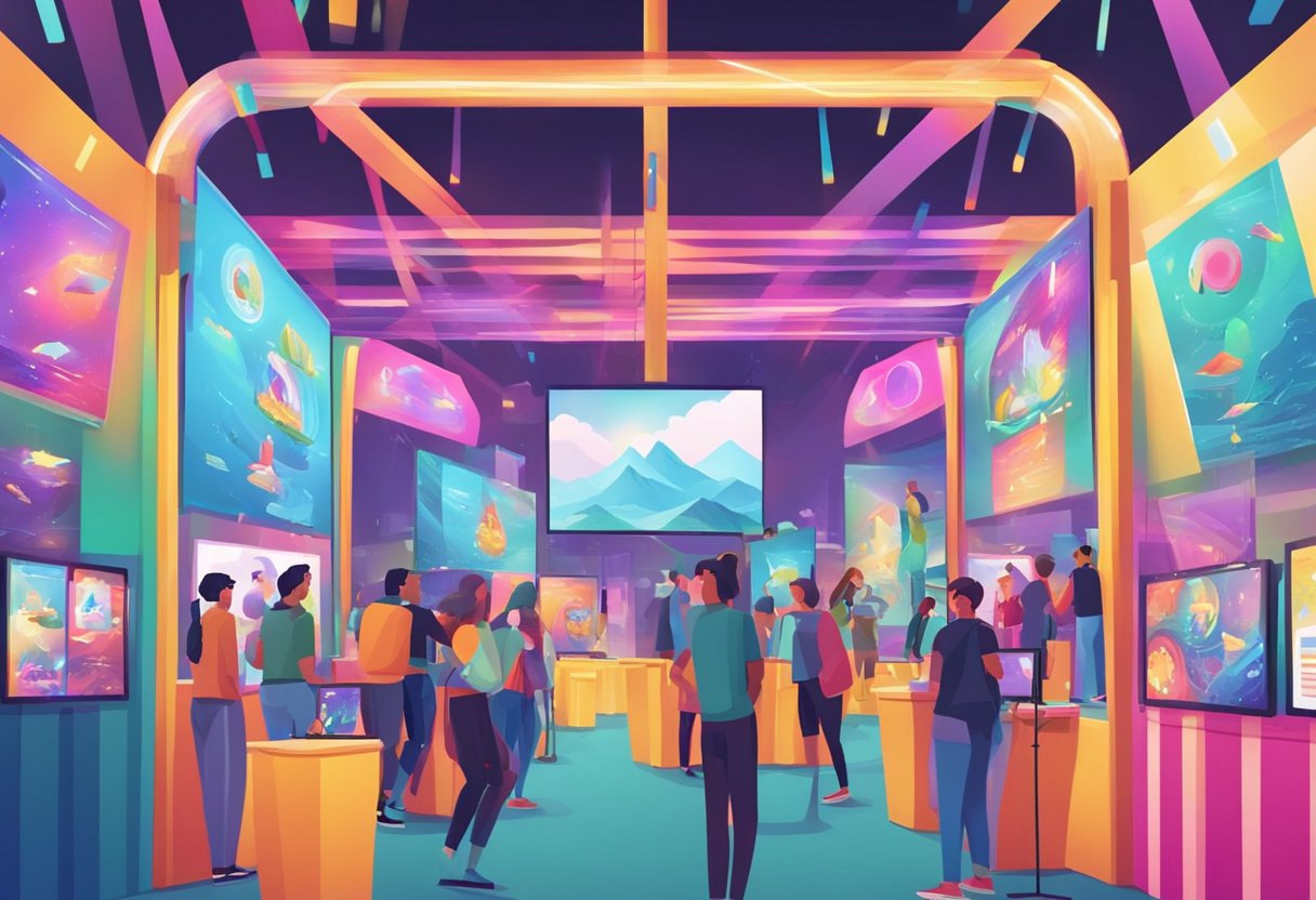 A colorful 2D animation festival booth with vibrant posters, screens showing dynamic animations, and excited attendees interacting with the displays