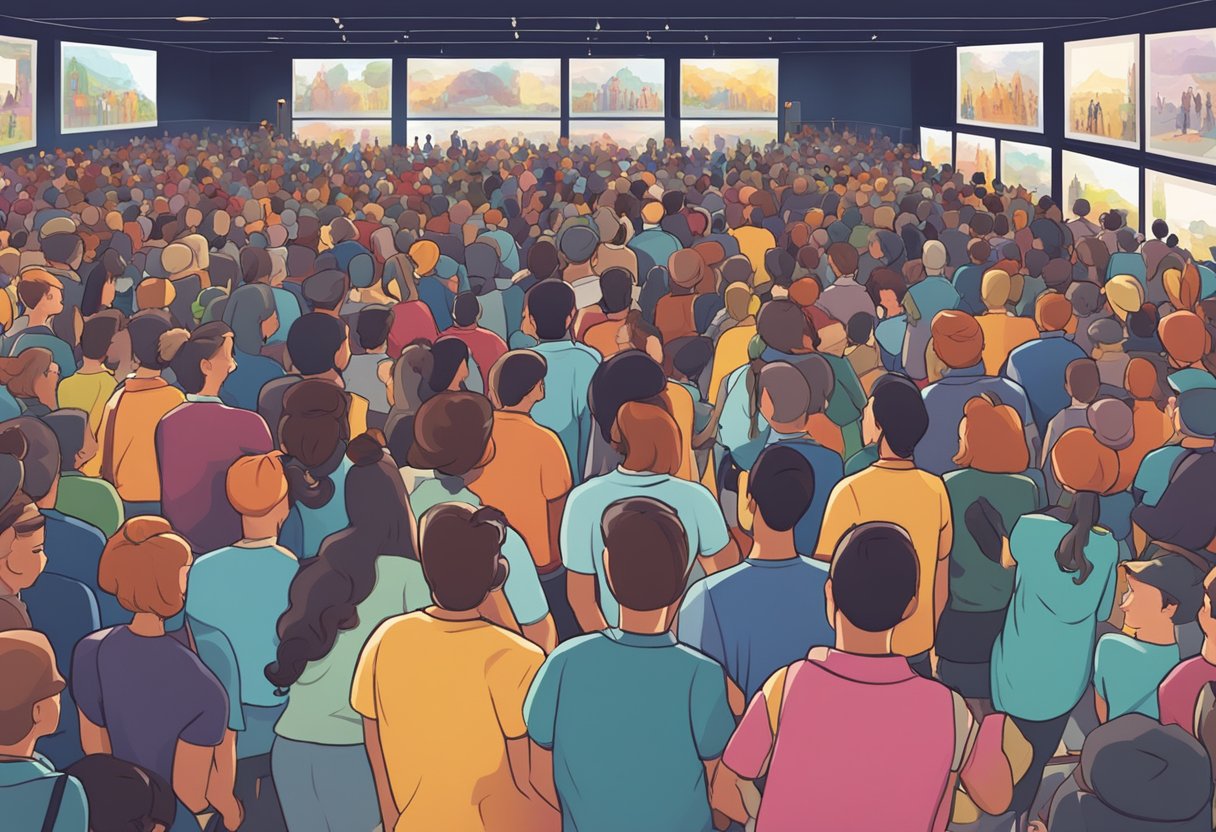 A crowded film festival with 2D animated films on display, with viewers engaged in watching the vibrant and dynamic visuals on screen