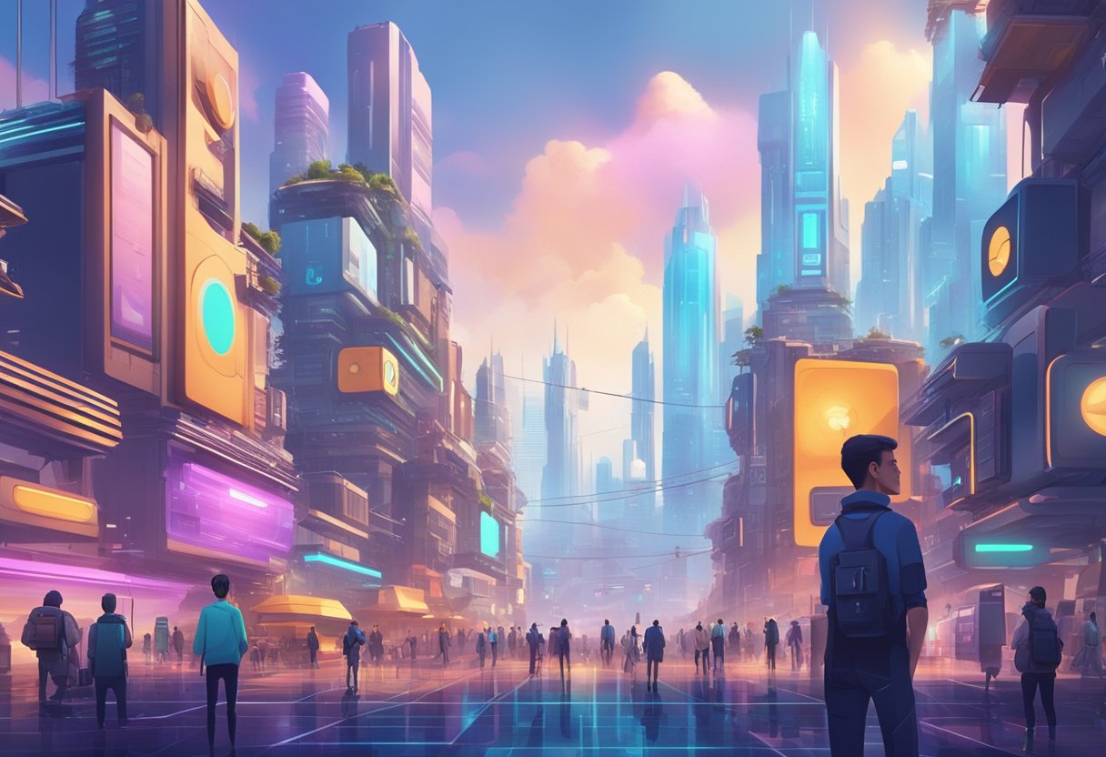 A futuristic cityscape with AI-generated characters interacting and showcasing advanced animations