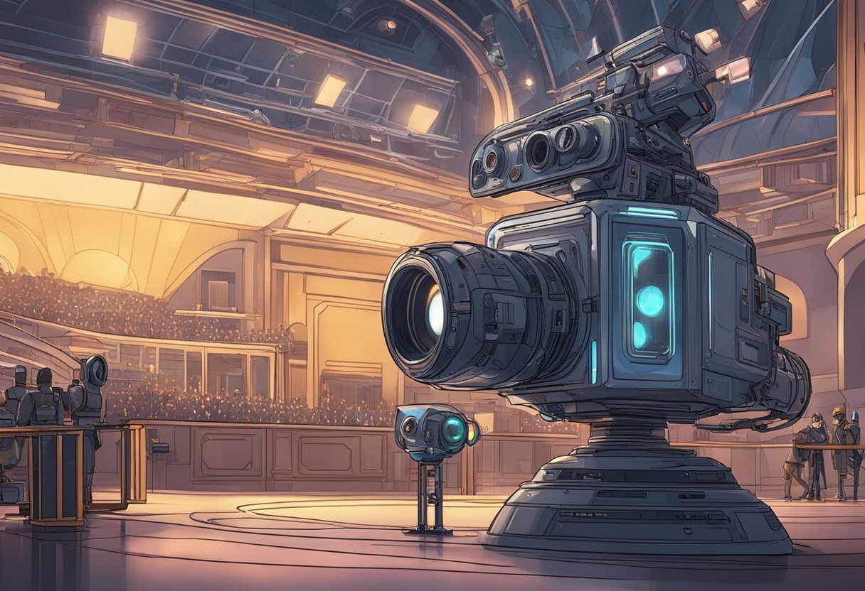 A futuristic AI-controlled camera captures an animated film set at the Oscars, showcasing the blending of technology and art in cinematography