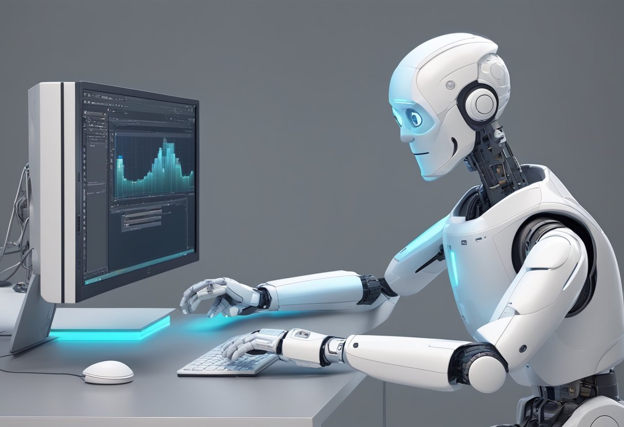 A computer-generated character interacts with a traditional animator, showcasing the integration of AI technology into the animation workflow