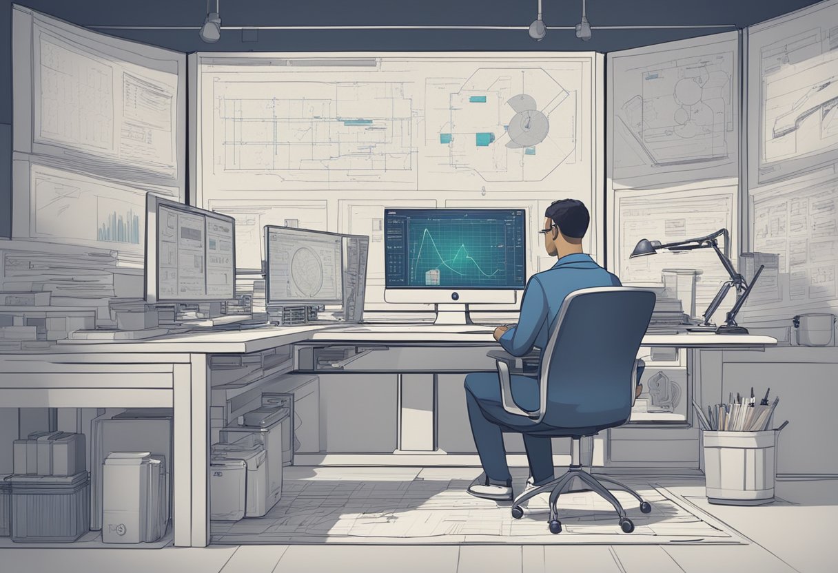 A computer-generated AI algorithm analyzes film data and Oscar trends, surrounded by animation production tools and concept sketches