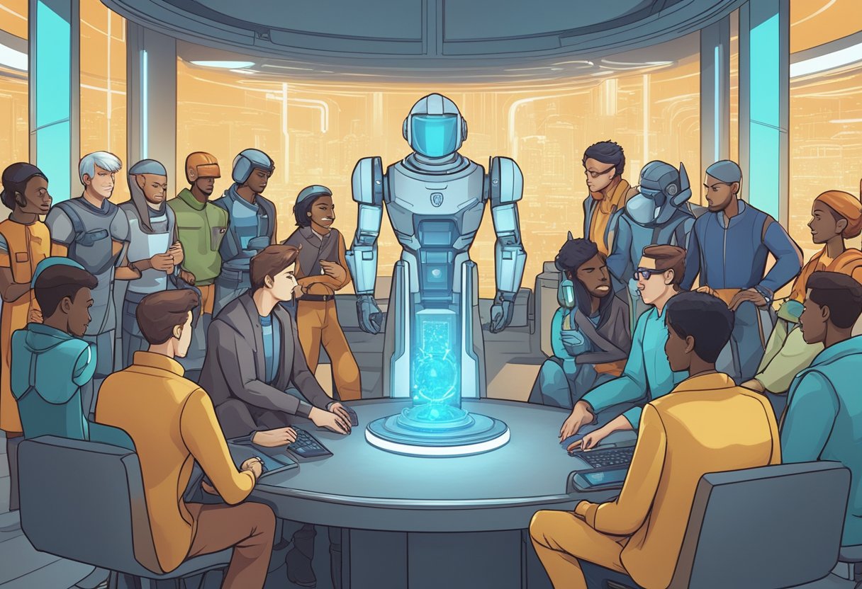 A group of animated characters representing different guilds and unions gather around a futuristic AI device, discussing changes to award categories
