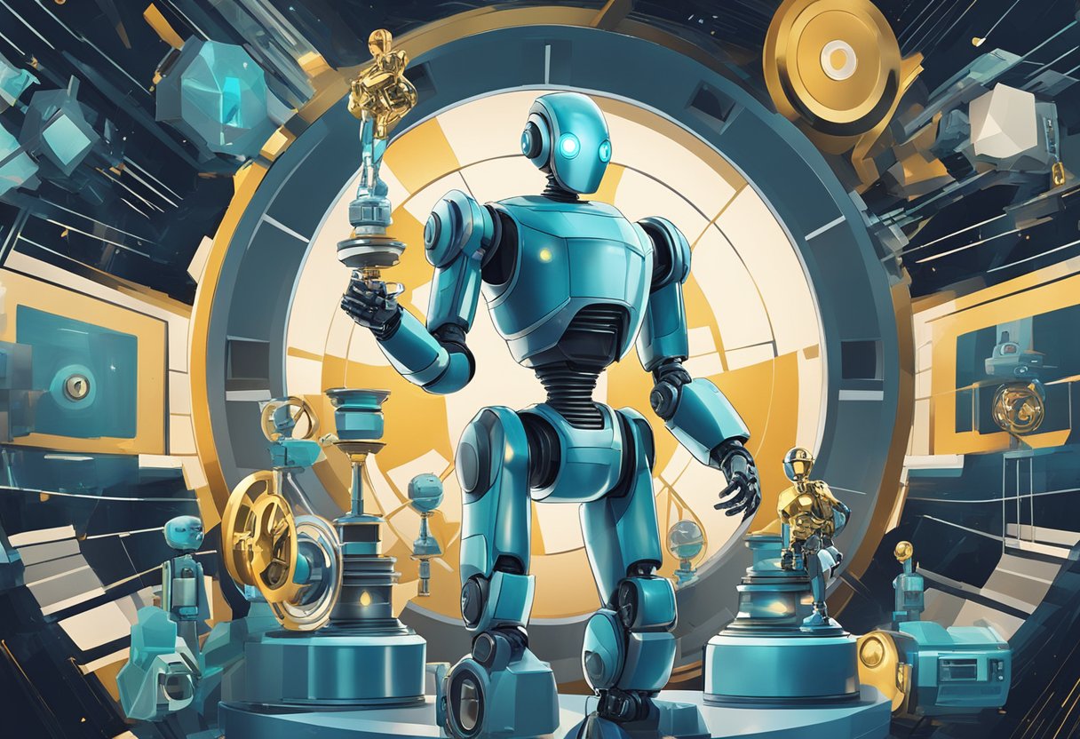 A futuristic robot holding an Oscar statue while surrounded by animated film reels and AI-generated graphics