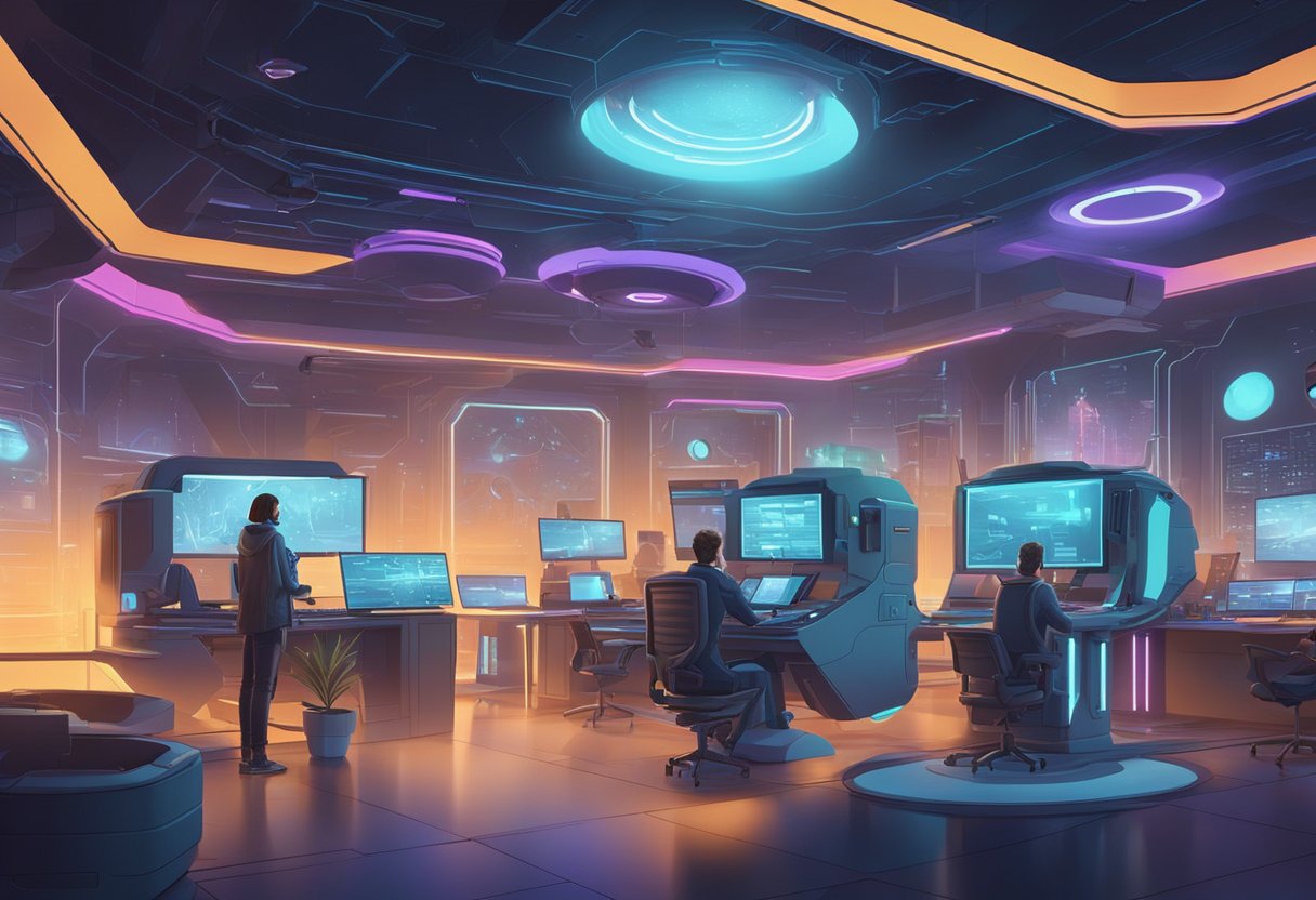 A futuristic Hollywood studio with AI-generated animations working alongside human animators