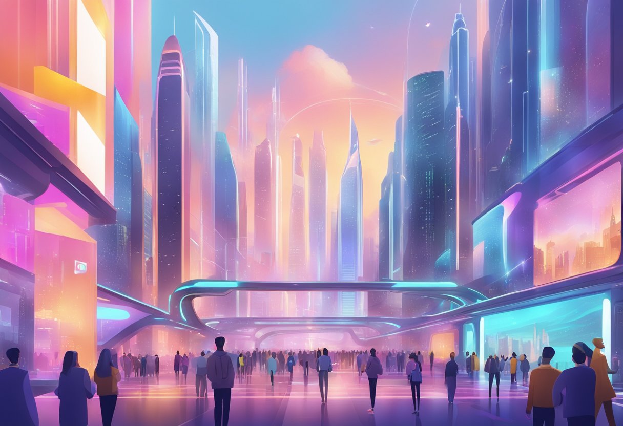 A futuristic city skyline with AI-generated characters walking and interacting, surrounded by holographic screens displaying award ceremonies and film festivals