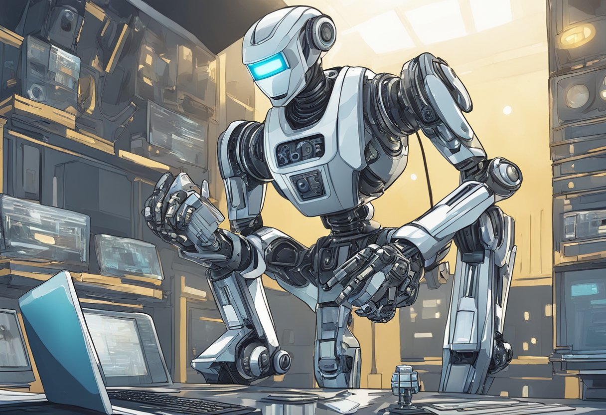 A futuristic robot holding an Oscar statue, surrounded by animated film reels and AI technology