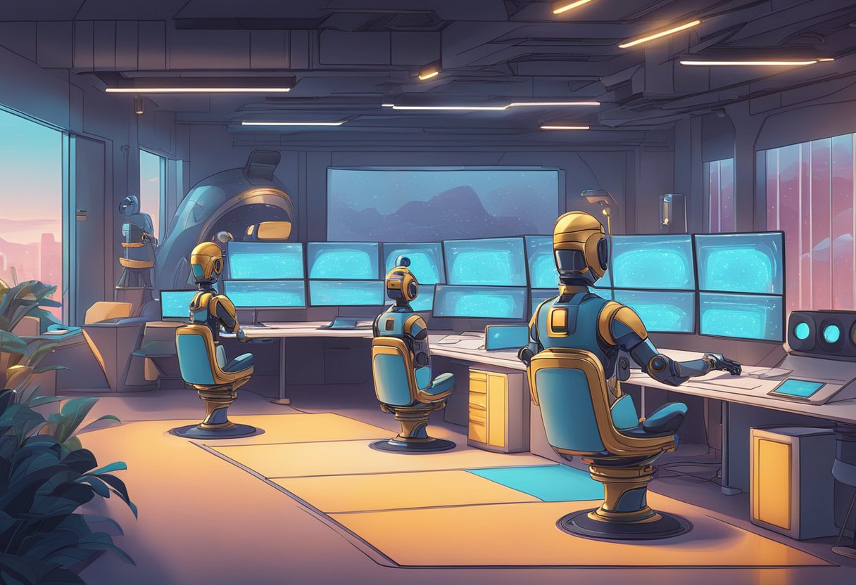 A futuristic AI animation studio with Oscar statues in the background