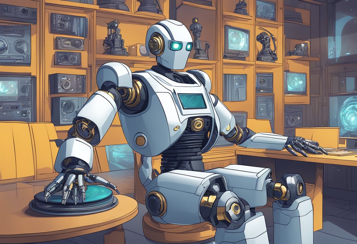 A futuristic robot holding an Oscar statue, surrounded by animated film reels and AI technology