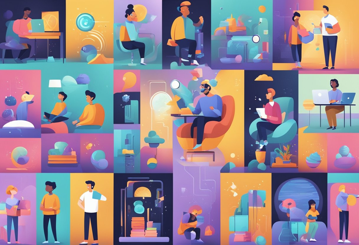 A colorful array of animated characters and scenes being manipulated by AI tools, showcasing the impact of artificial intelligence on animation award categories