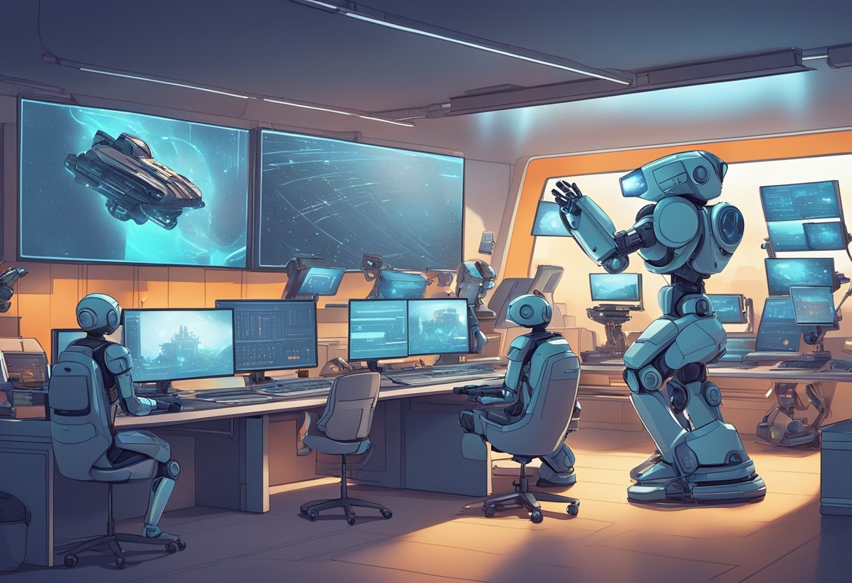 A futuristic AI-powered animation studio with robots and computers creating animated characters and scenes