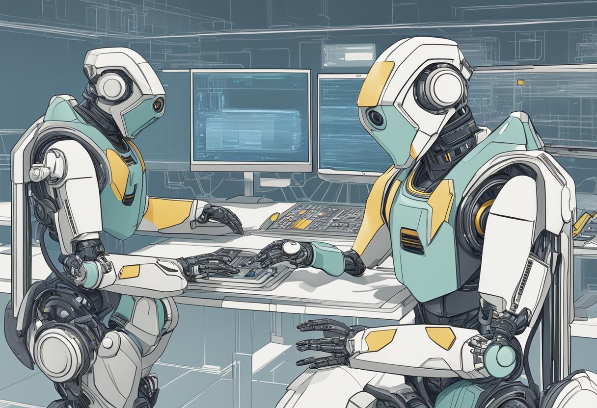 A futuristic robot seamlessly integrating AI into the animation production process, enhancing the storytelling quality