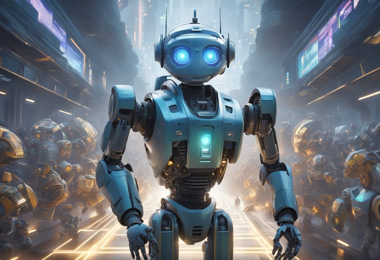 An AI-powered robot animates a historic shift in cinema, surrounded by futuristic technology and animated characters