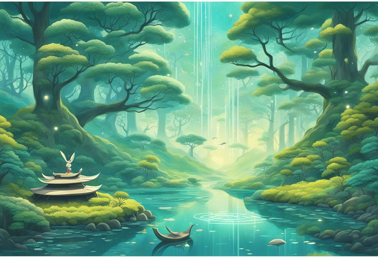 A serene forest with mystical creatures interacting with futuristic technology, blending traditional Japanese art with AI elements