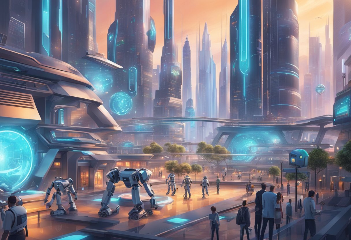 A futuristic cityscape with AI-powered robots performing various tasks, while advanced holographic displays showcase cutting-edge character designs