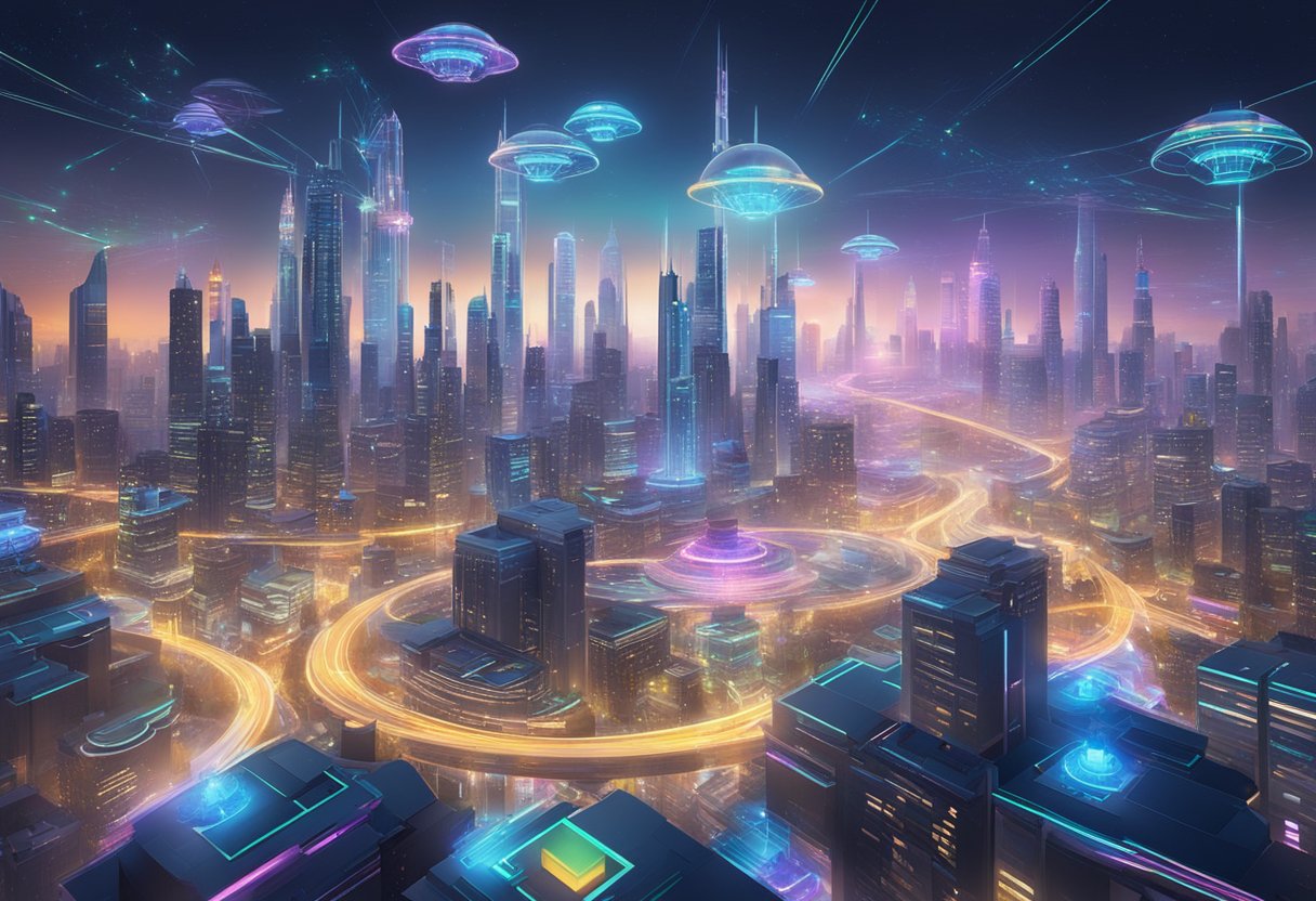 A futuristic cityscape with AI-powered holographic projections and advanced visual effects being created by robotic drones