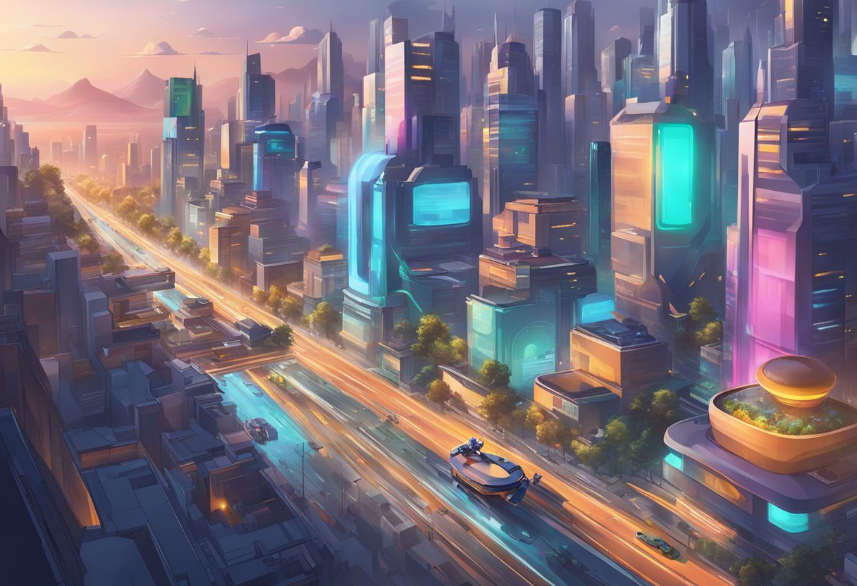 A futuristic cityscape with AI-powered robots creating vibrant and dynamic animated storytelling scenes