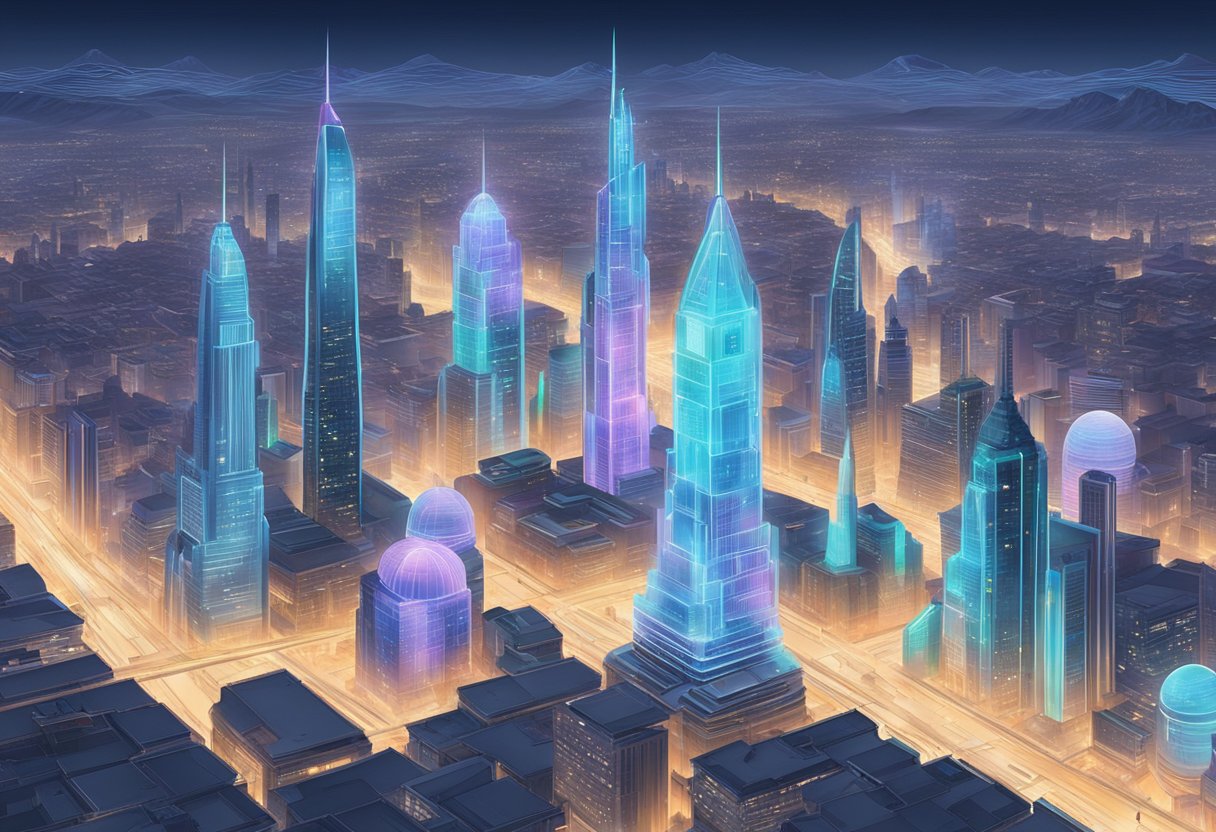 A futuristic cityscape with holographic projections merging with traditional architecture