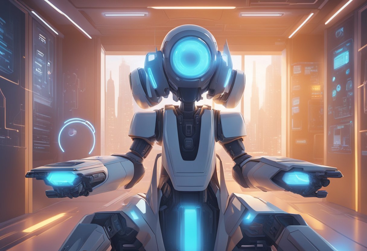 An animated character interacts with AI technology, enhancing the storytelling quality in a futuristic setting