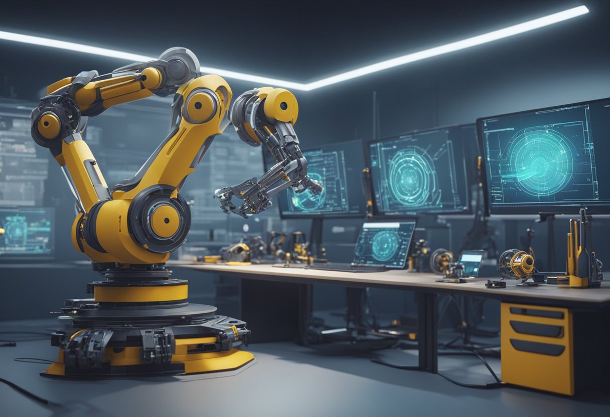 Robotic arms assemble intricate 3D models while AI algorithms analyze film scripts. A futuristic animation studio buzzes with innovation and creativity