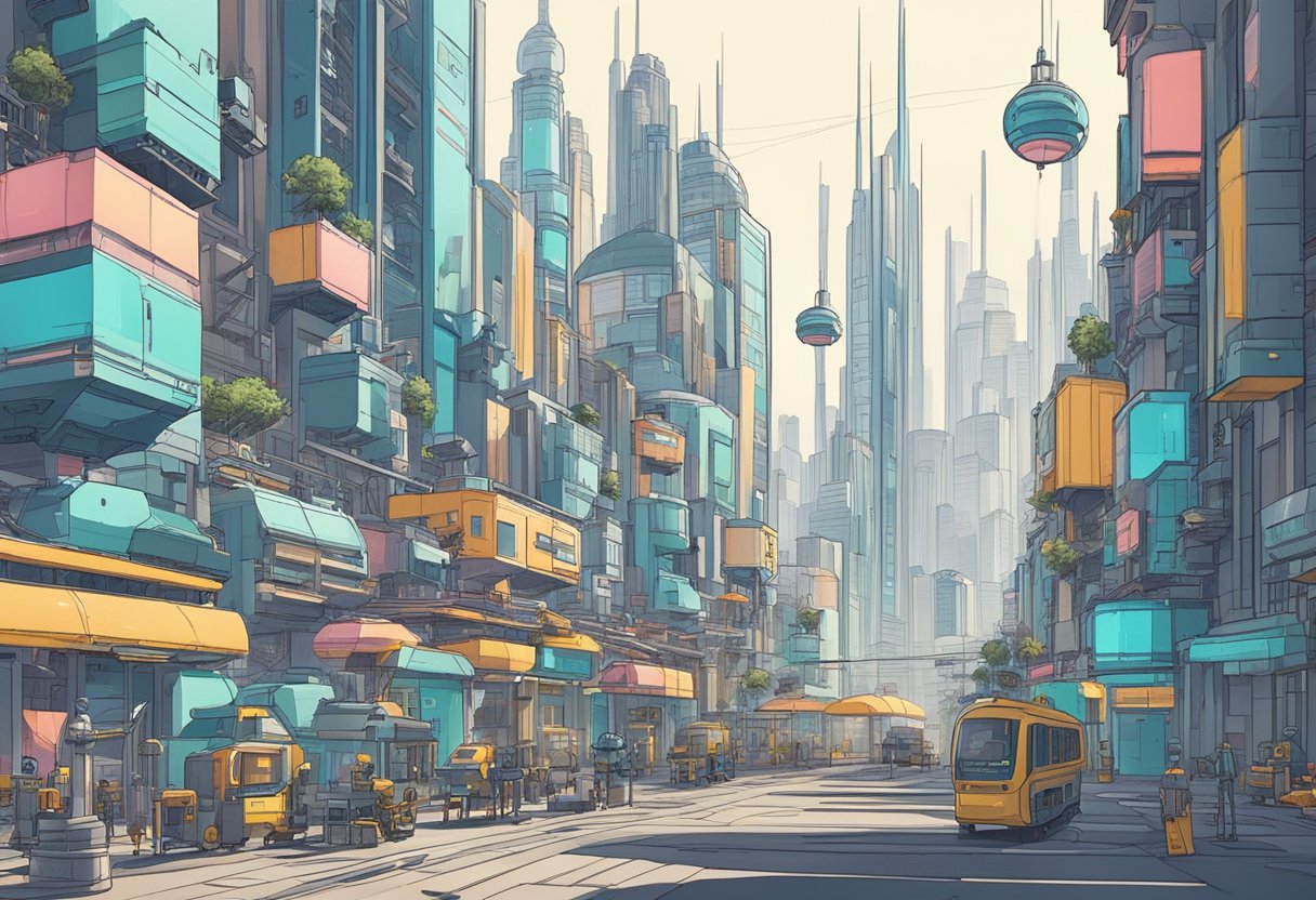 A futuristic cityscape with AI-powered robots creating traditional hand-drawn animations