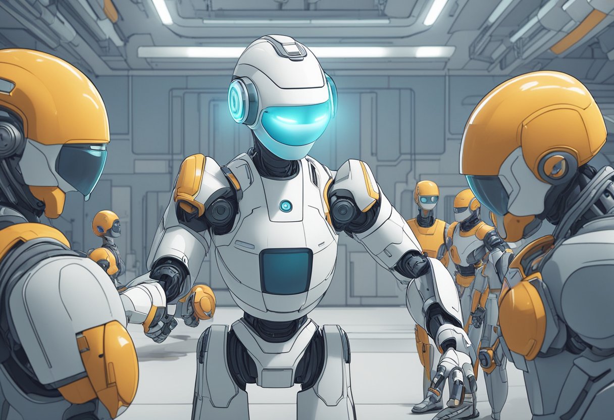 A futuristic robot interacts with a group of animated characters, enhancing the storytelling quality in animation through advanced AI technology